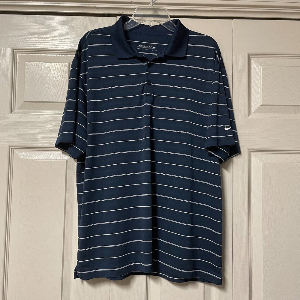 Nike Golf Dri Fit Polo Shirt Navy White Pinstripe Stretch Lightweight Office XL